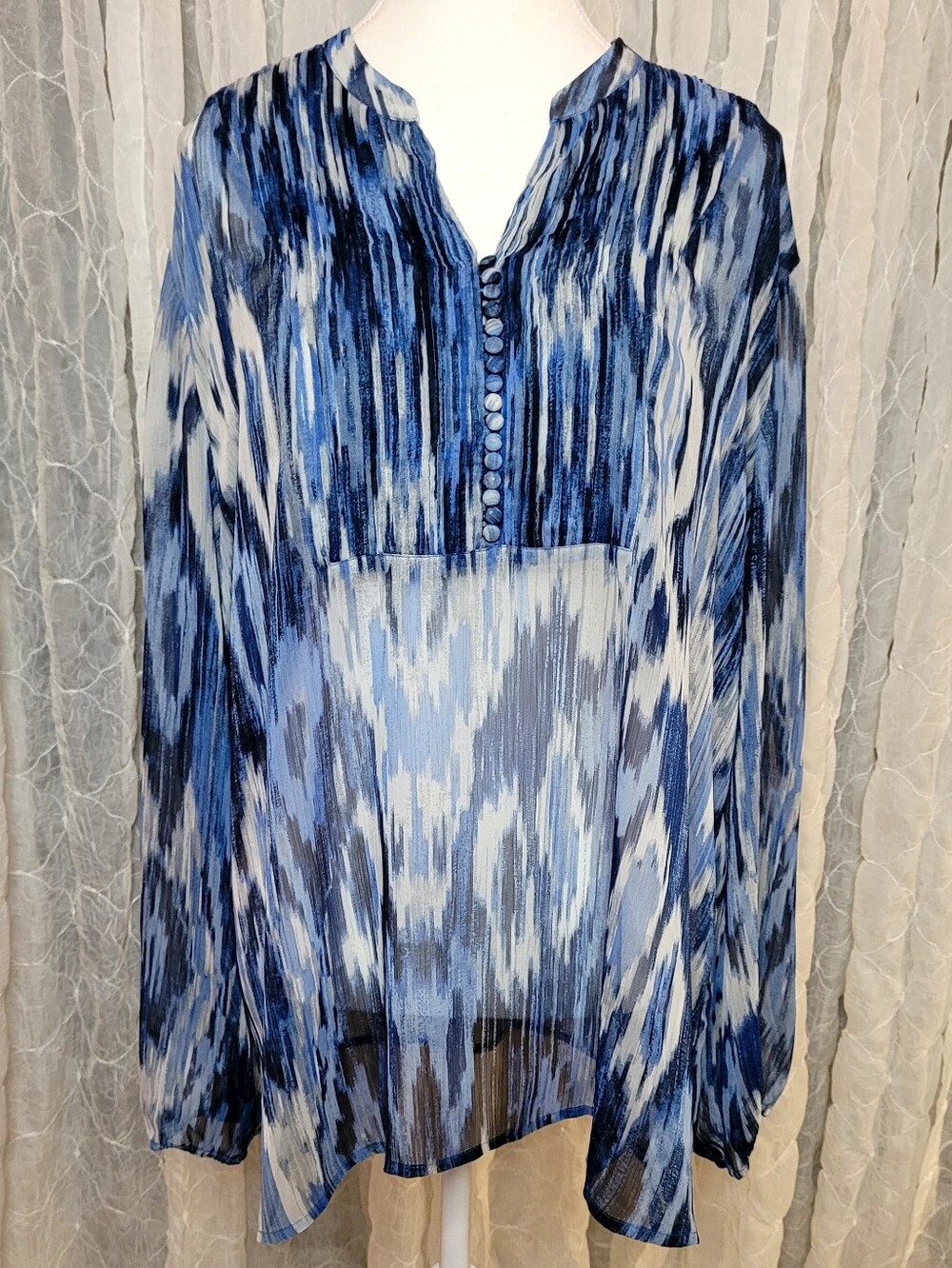 Chico's 3 XL-2X Blue Abstract Ikat Sheer Button Front Tunic Boho Blouse